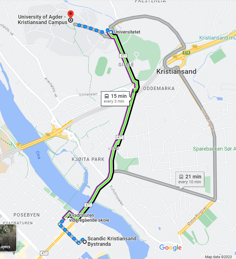 Overview from Scandic Kristiansand Bystranda to UiA