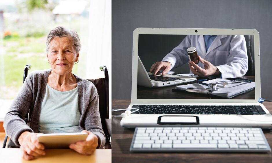 Senior woman in a wheelchair with tablet at home