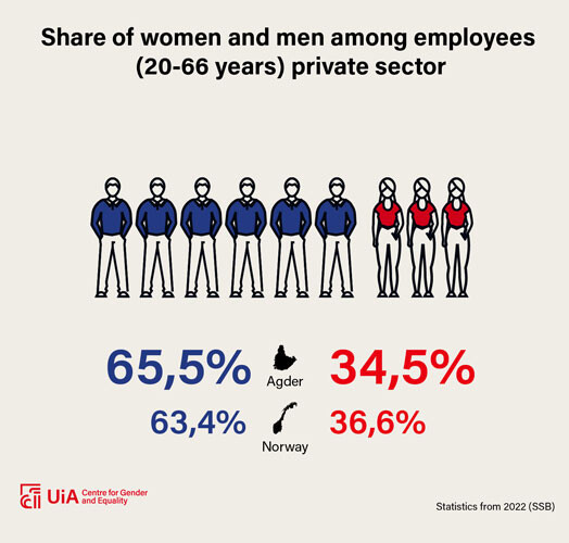 Illustration: There are 65.5 per cent men and 34.5 per cent women in the private sector in Agder against 63.4 per cent men and 36.6 per cent women in Norway