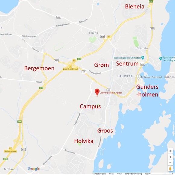 Kart som viser ulike bydeler i Grimstad
