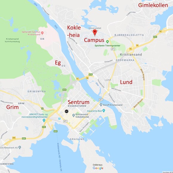 Oversiktskart over bydeler i Kristiansand